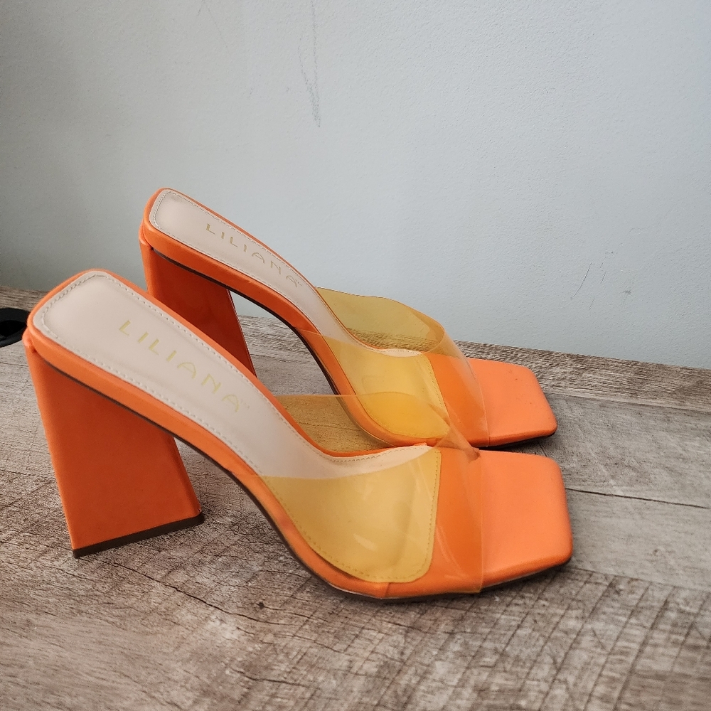 Liliana Orange Block Heel Mules with Clear Yellow Accents - Picture 2 of 5
